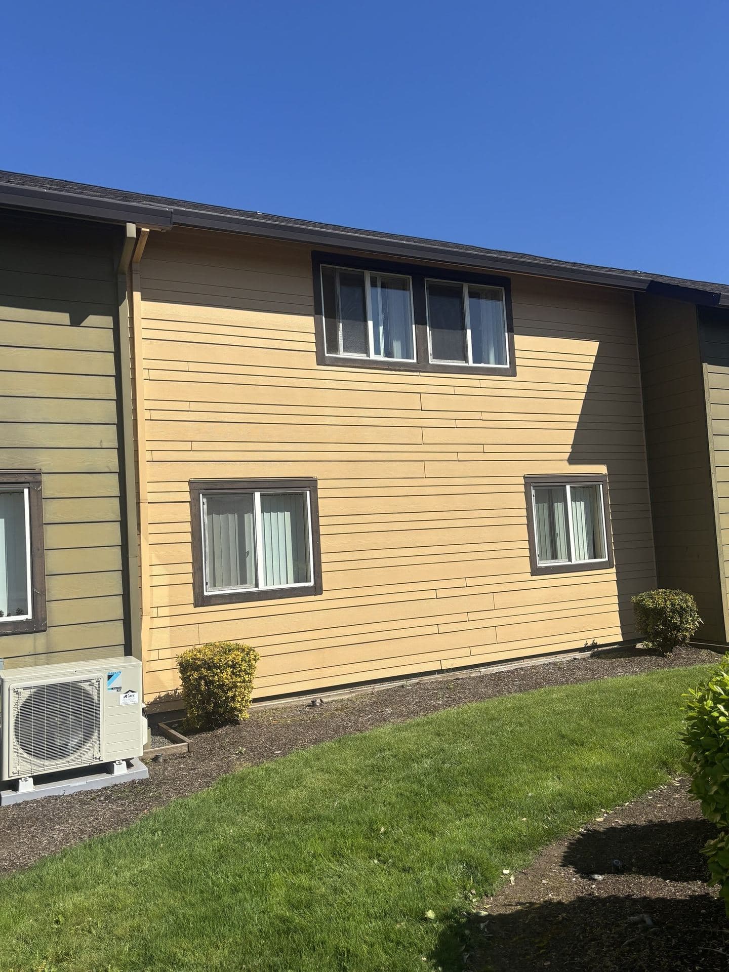 Finished tan fiber-cement lap siding elevation with white-framed windows and dark trim